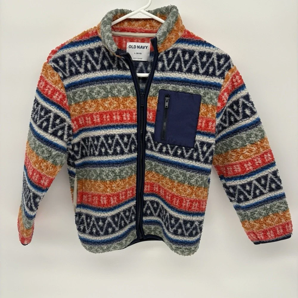 Old Navy Aztec Print Fuzzy Fleece Jacket Geometric Pattern Kids Large 10-12